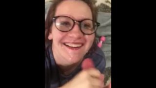 Cute slut gets her face covered in cum!