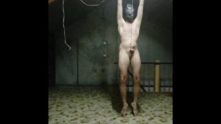 Cock and ball bondage while hanging