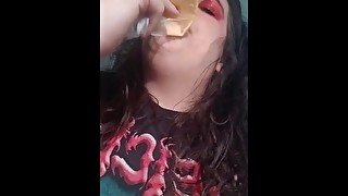 Scarfing down random food from my fridge while using double dildo