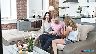 One young dude fucks two sensual teens one after another