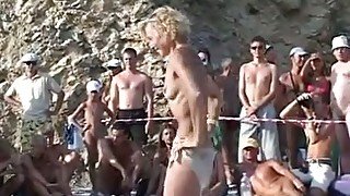 Nice nude dance party right on the beach with a sinful blonde hottie