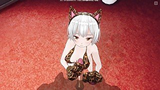 3D HENTAI Neko girl strokes your dick with her paws