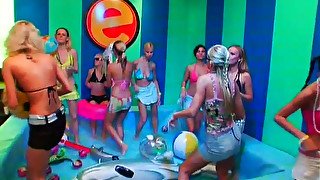 Crowd of aroused half naked chics party hard in club