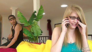 Four eyed blonde whore giving blowjob to three guys