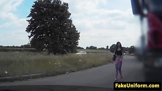 Tattooed brit babe fucks in cop trio outdoors