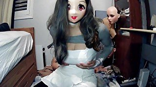 Emily's Masks Pt2! Doll masked Celli plays with her rubber self and her tight white dress!