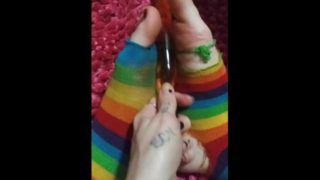 Dirty ripped up clown socks and my new banana dildo