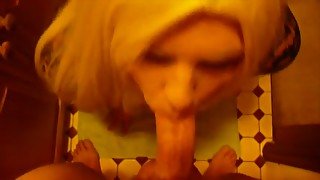 Crossdresser in blonde wig was sucking my buddy's stiff cock