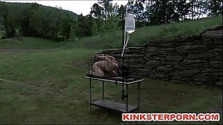 Outdoor BDSM Cage Locked Enema Slave