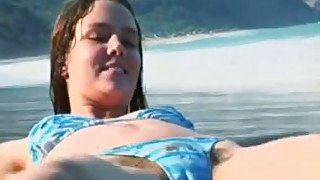 Skinny white college girlfriend on the beach topless