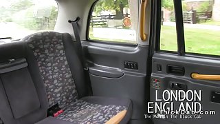 Beautiful British girl deep throats in fake taxi