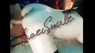 Ivory Skinned Goth milf sucks a big cock and pounded doggy style covered in oil