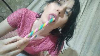 she sucks a Lollipop and shoves it in her hairy pussy GinnaGg
