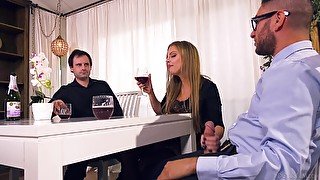 Tied up useless cuckold watches his wife Britney Amber riding fat cock