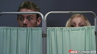 Naughty nurse fucked on a bed