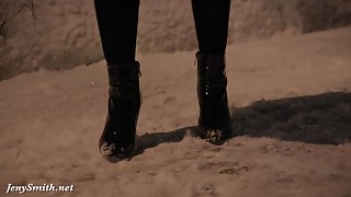 Jeny Smith naked in snow fall walking through the city