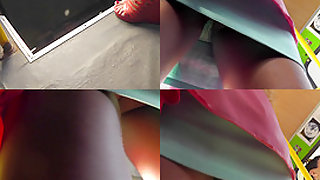 Gal in mini skirt accidentally flashes thong in upskirt