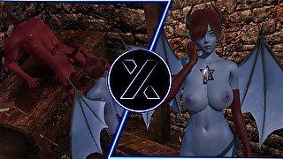 (3Д ХЕНТАЙ) Демон в золотой маске жестко трахает девушку с голубой кожей и крыльями