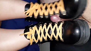 Bootjob, cock crush, ballbusting, cock stomp by Bbw wife and cum in boots.