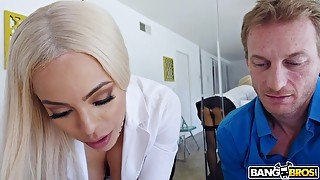 Eye catching blonde in nylon stockings deserves hardcore doggy banging