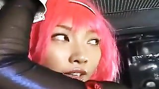 Pink haired super hero is caught and is strung up with titt