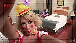 Hot tempered Asian bitch wearing clown costume Asa Akira takes part in hot threesome