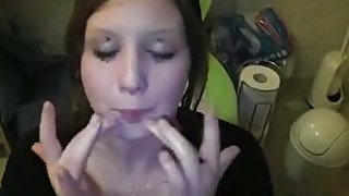 Chubby amateur brunette eats the cum which she gets on her face