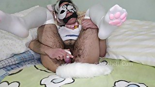 gagged ftm catboy taking a small dildo and playing with his pussy - Mitchell Cummings
