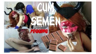 Diablita hace PEGGING a un chico y luego le dan fuerte por el ANO y COME CHOCOLATE con SEMEN
