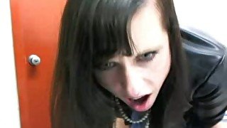 Wild slender brunette office nympho masturbated with dildo on webcam