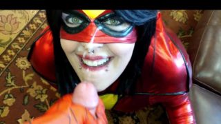 Spiderwoman Gives A Sloppy Blowjob In The Office and Gets A Web Facial