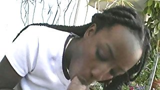 Wondrous chocolate brunette is busy with blowing fat white dick outdoors