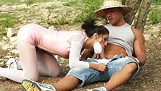 A farmer boy is feeding hot city girl with cock and fucks her in the woods