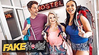 Fake Hostel - Busty Couple Sofia Lee & Lily Joy Have Some Fun With Tommy Woods' Cock At The Hostel