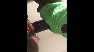 Masked ebony with piercings gives sloppy blowjob