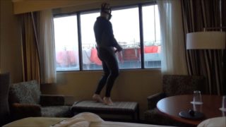 quick wetsuited cum on window for construction workers