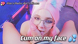 CUTE GIRL DOES BLOWJOB .  HE CUMS on GLASSES