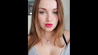 Hot girl with red lipstick smoking,drooling and show tongue