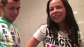 Hilarious amateur sexy brunette gets absorbed with sucking a tasty lollicock