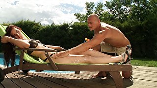 Sexy slim chick Mira Sunset seduces a gardener to suck his tool for cum