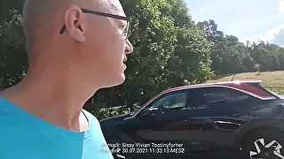 sissy exposed in new slut dress public parking lot 1