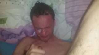 Skinny horny teen cums all over his right eye (self facial)
