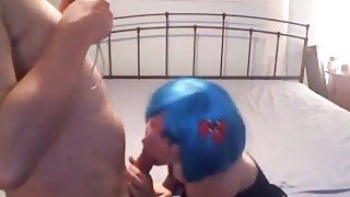 Pallid quite buxom bitchie hooker in blue wig provided my buddy with BJ