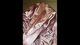 filling the wife's satin panties with cum