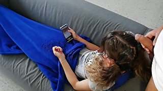 Pee and cum on hair while she is on sofa