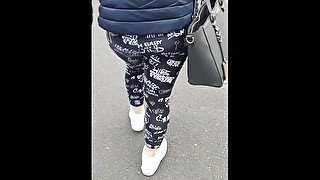 Step mom doesn't wear panties under leggings in a public place get recorded by step son on camera