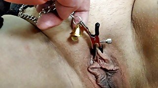 Clit and nipple clamps testing, close-up GILF creampie .!. Big cock in wet mature pussy!