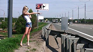 Blonde teen cutie in miniskirt is a hitchhiker masturbating near the highway