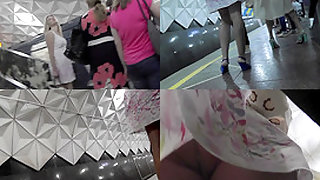 Blonde milf shows off sexy legs in candid upskirts