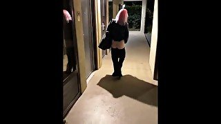 Ass flash in front of hotel windows